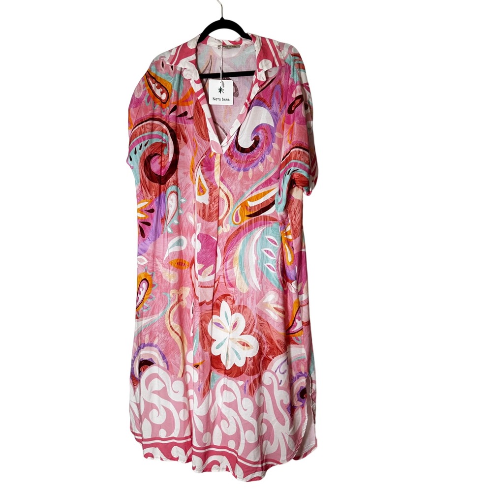 Nota Bene Made  Italy Pink Paisley Shirt Dress One Size Boho Resort Cover Up NWT